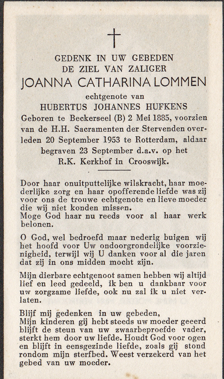 Bidprentje Joanna Catharina Lommen