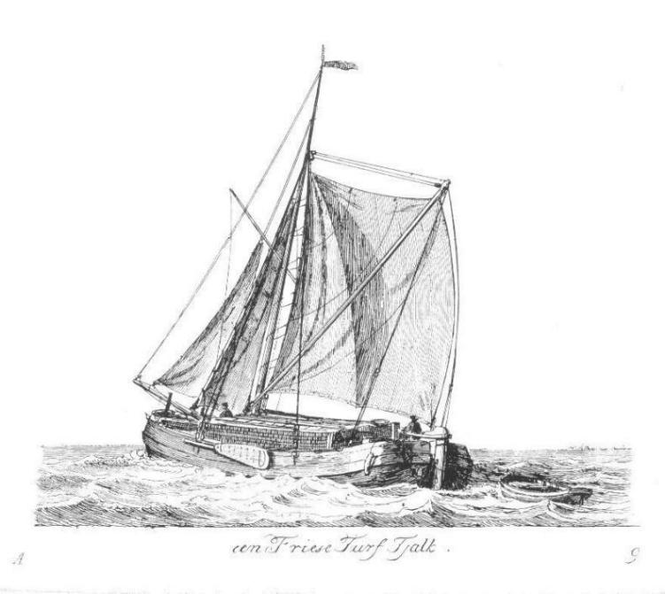 Impressie van een tjalkschip waarop Hugo voer en   overboord geslagen en verdronken is in de rivier de Waal bij Nijmegen.